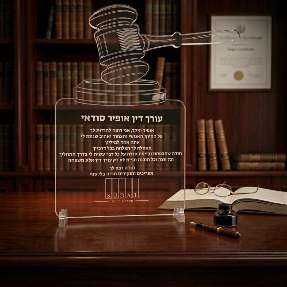 מתנה מיוחדת לעורך דין מגן הוקרה פטיש שופט עם חריטה אישית