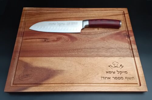 בוצ'ר איכותי מעץ עם סכין סנטוקו מקצועית - 30 ס"מ וחריטה אישית photo review