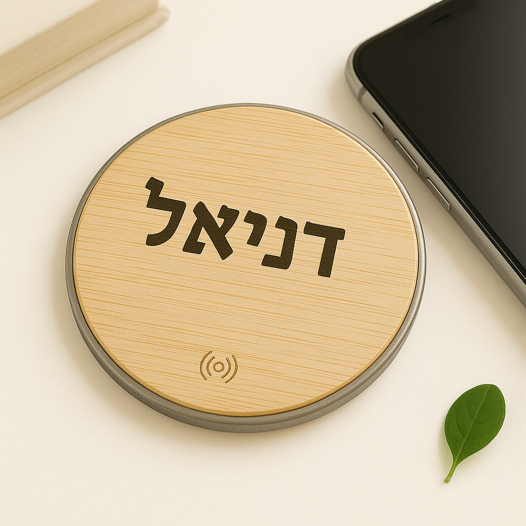משטח הטענה אלחוטי עגול ויפהפה מעץ עם חריטה אישית