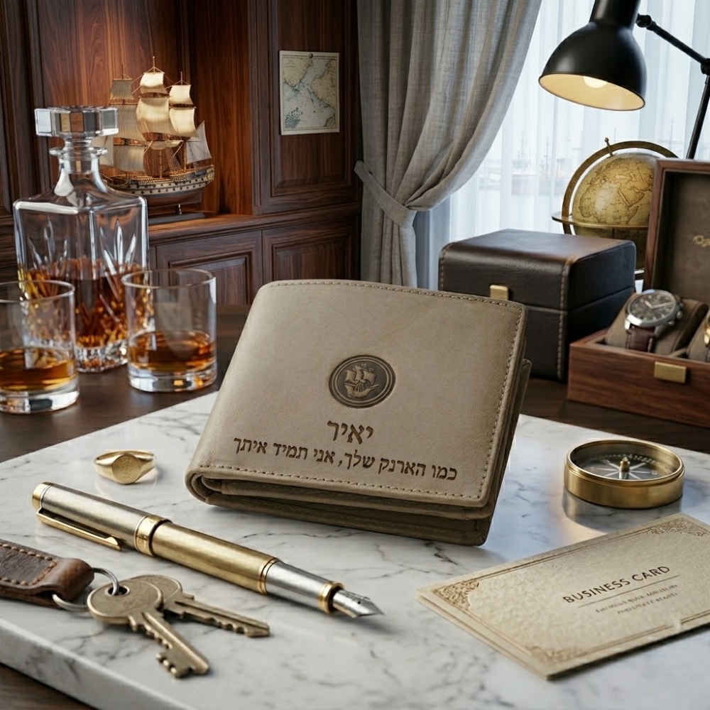 ארנק יוקרתי לגבר מעור כאמל מרהיב עם חריטה אישית