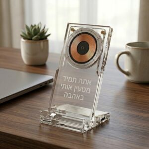 מעמד הטענה אלחוטי לסלולר מאקריליק שקוף עם חריטת הקדשה אישית