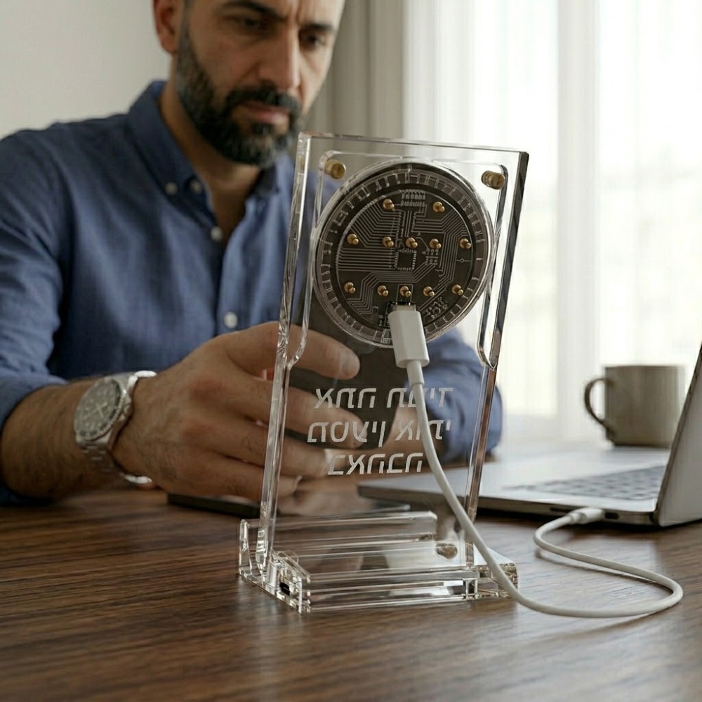 מעמד הטענה אלחוטי לסלולר מאקריליק שקוף עם חריטת הקדשה אישית