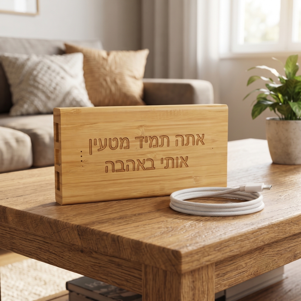 סוללת גיבוי ניידת מבמבוק עם חריטה אישית: מטעינים את האהבה בכל מקום – תמונה 3