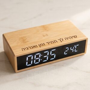 מטען אלחוטי מבמבוק עם שעון דיגיטלי עם חריטה