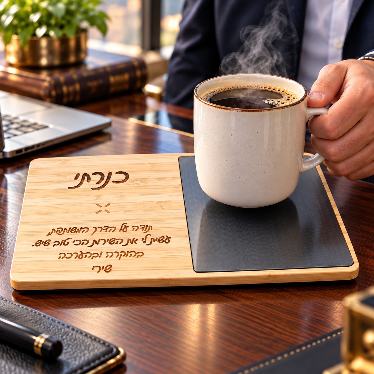 מטען אלחוטי מהיר מבמבוק איכותי בשילוב משטח חימום לקפה עם חריטה אישית - כוס קפה על משטח החימום בשולחן עבודה
