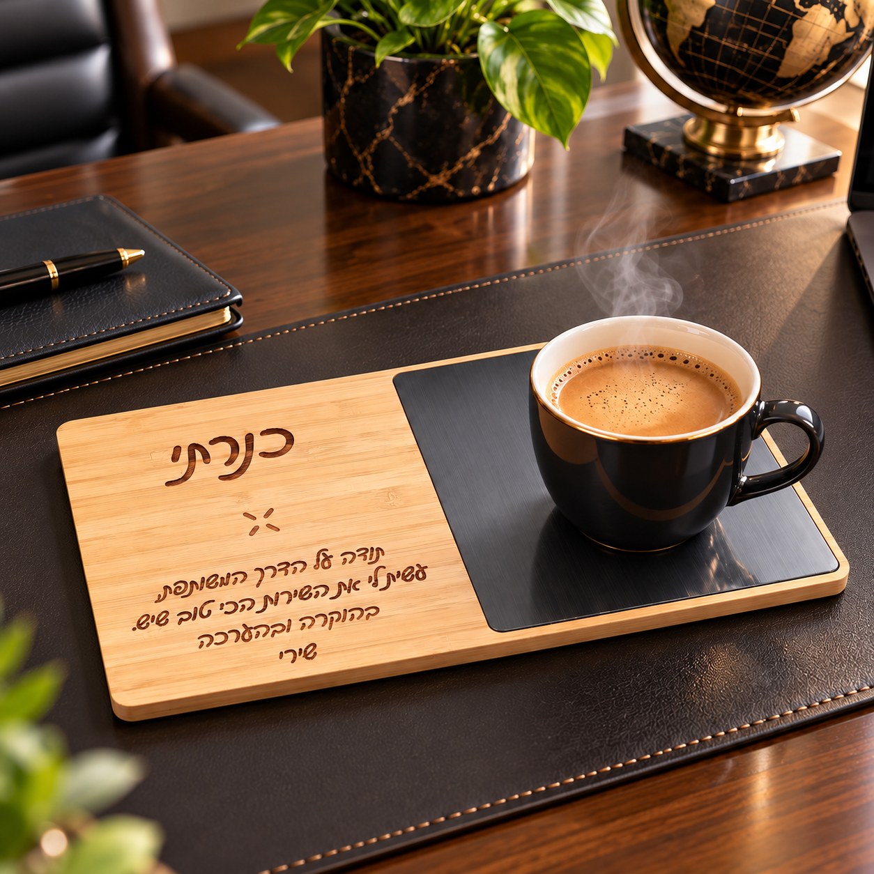 מטען אלחוטי מהיר מבמבוק איכותי בשילוב משטח חימום לקפה עם חריטה אישית - כוס שחורה על משטח החימום