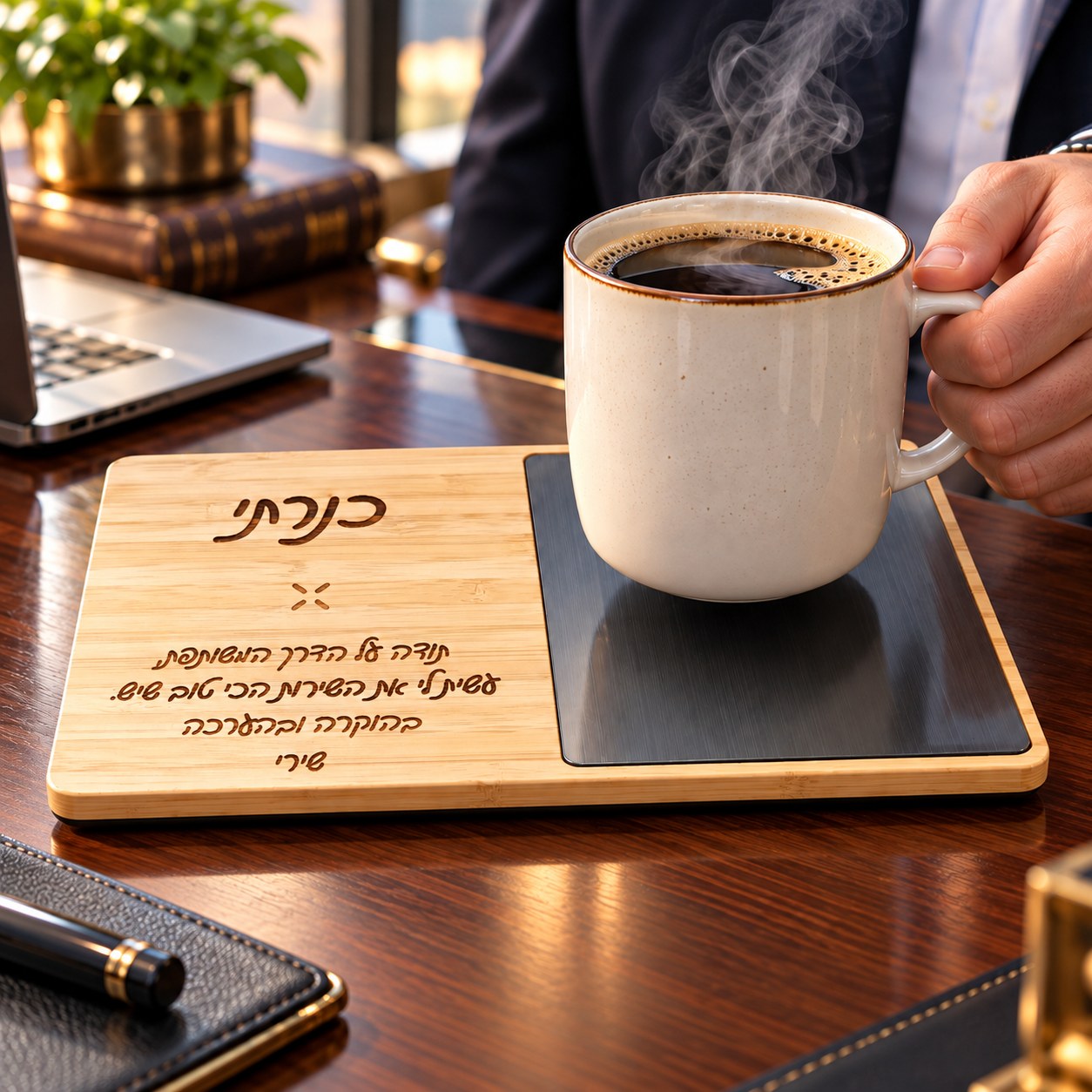 מטען אלחוטי מהיר מבמבוק איכותי בשילוב משטח חימום לקפה עם חריטה אישית - קפה חם על משטח החימום עם חריטה אישית