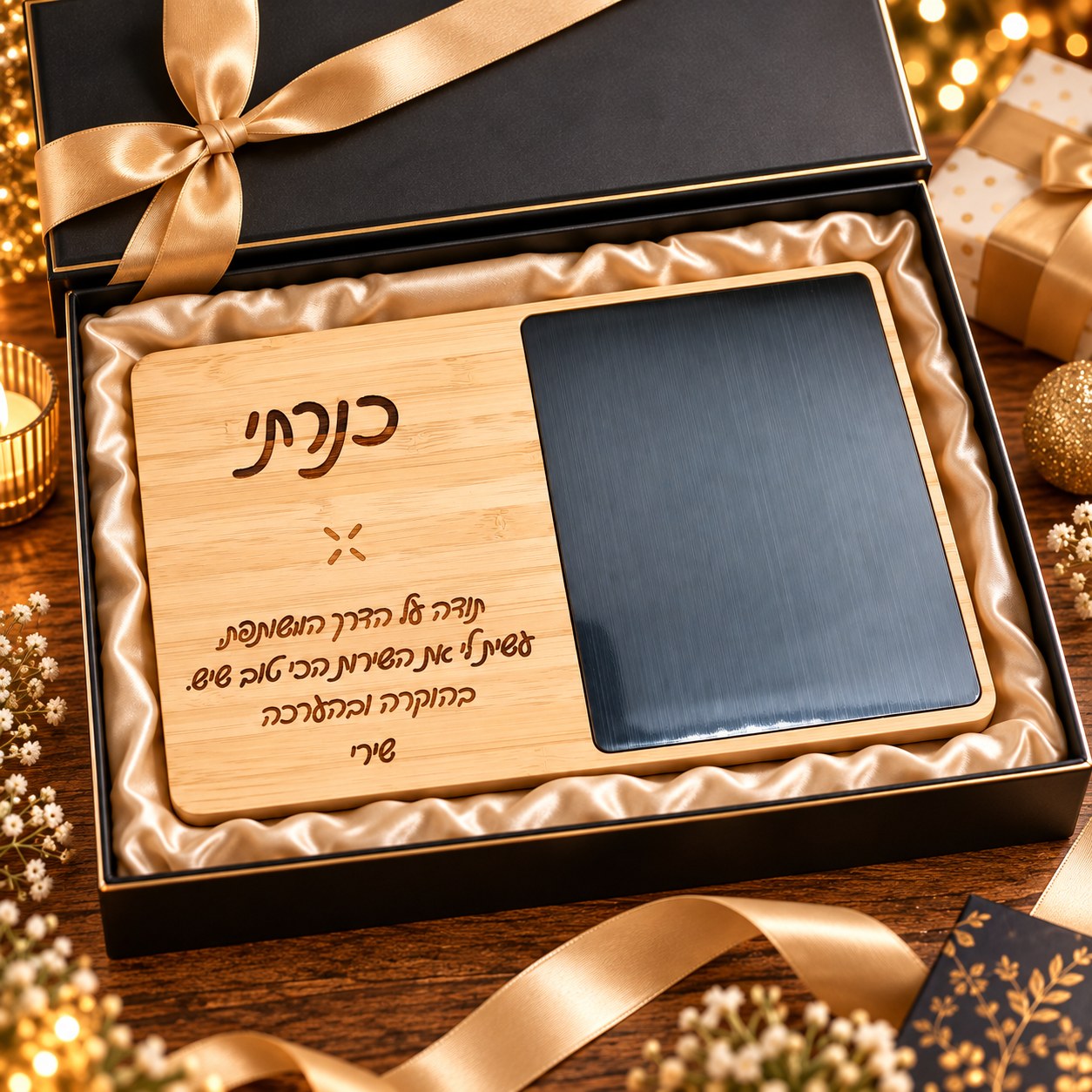 מטען אלחוטי מהיר מבמבוק איכותי בשילוב משטח חימום לקפה עם חריטה אישית - המשטח במארז מתנה