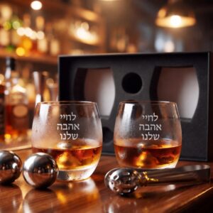 כוסות וויסקי מקצועיות ויוקרתיות עם אבני קרח עגולות וחריטה אישית - חריטה רחבה לחיי אהבה שלנו