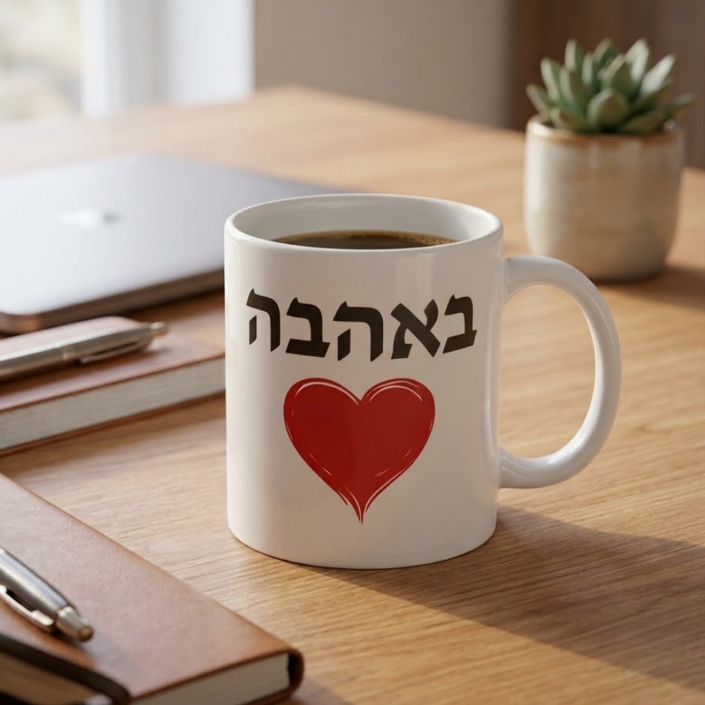 ספל קפה לבן מעוצב עם כיתוב מובנה - באהבה